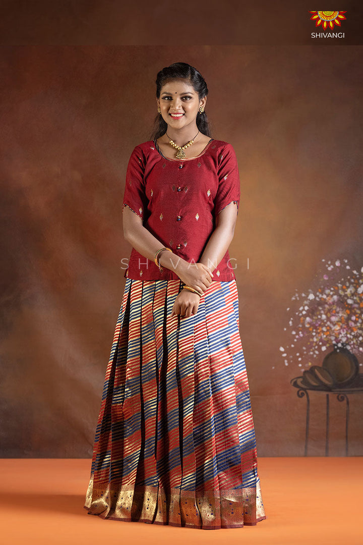 Navy Blue Girls Peacock Leheriya Pattu Pvadai